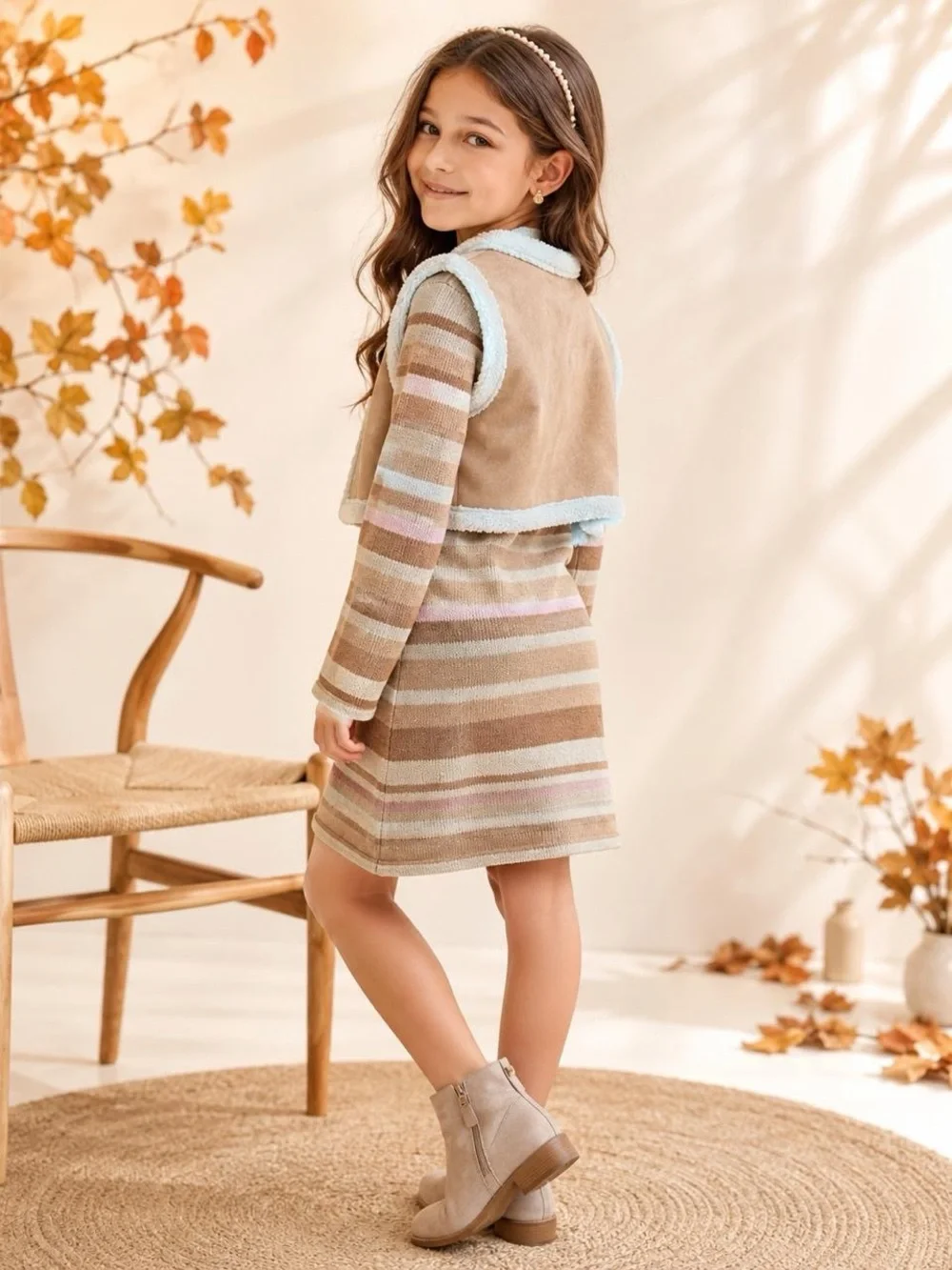 Rare Editions Girls 2 Piece Set Sweater Dress Vest Tan Striped Size 12 NWT